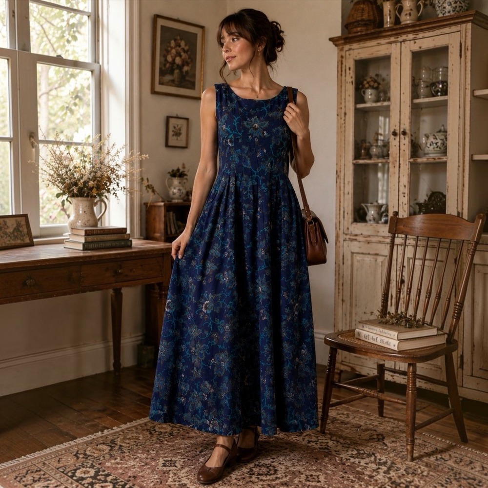 Vintage 90s Laura Ashley Blue Floral Corduroy Midi Dress US 12